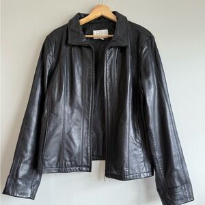 Worthington Black Leather Motorcycle Jacket with Fold-Down Collar